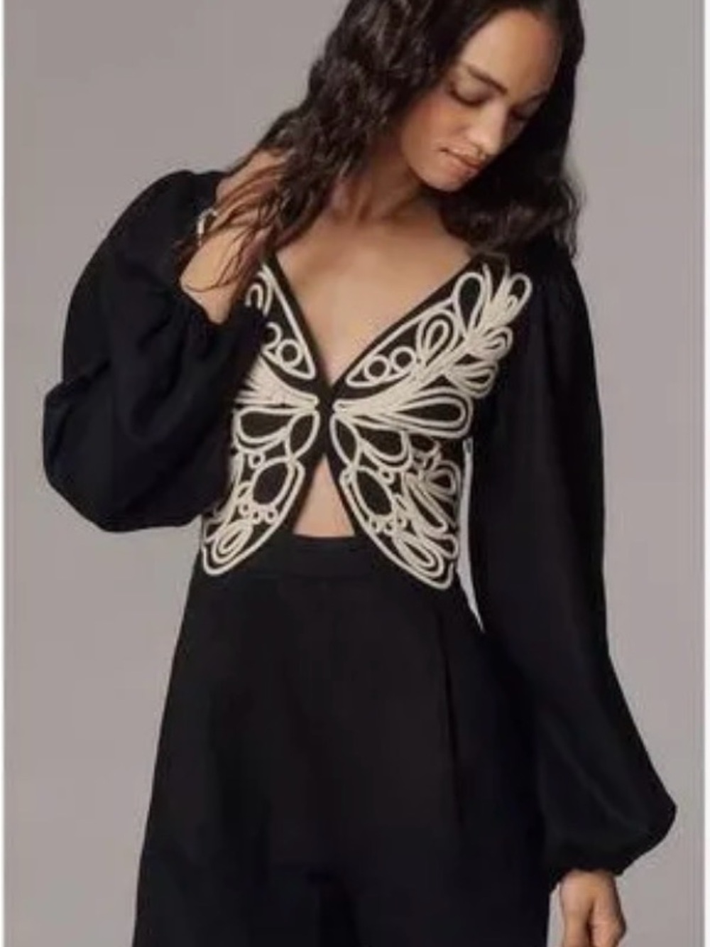 NWT - FARM Rio x Anthropolgie - Black Long-Sleeve Top with Cream Butterfly Motif - Picture 2 of 8